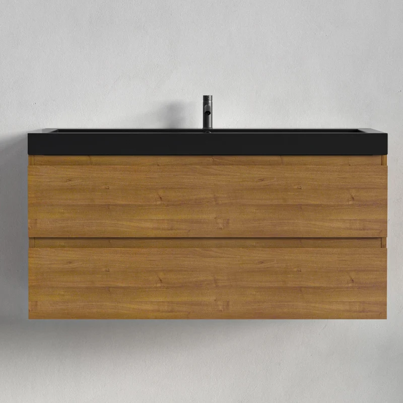 Badmeubelset AVALON 100 cm - Met Kolomkast - Warm Eiken - Wastafel Zwart