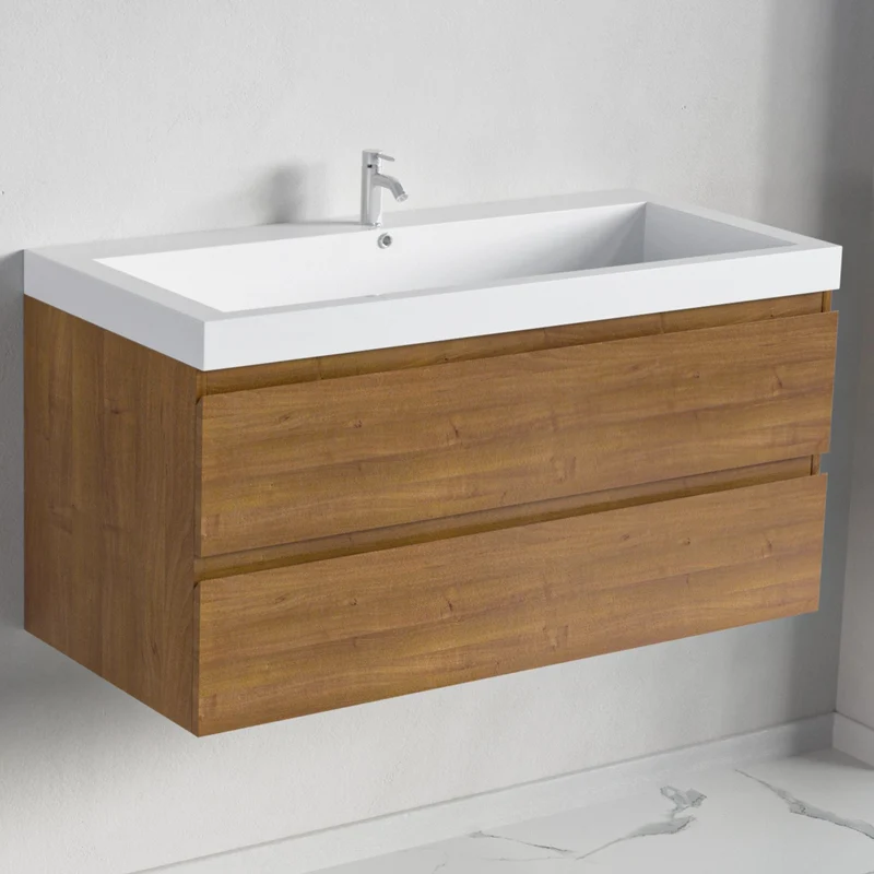 Badmeubelset AVALON 100 cm - Met Kolomkast - Warm Eiken - Wastafel Wit