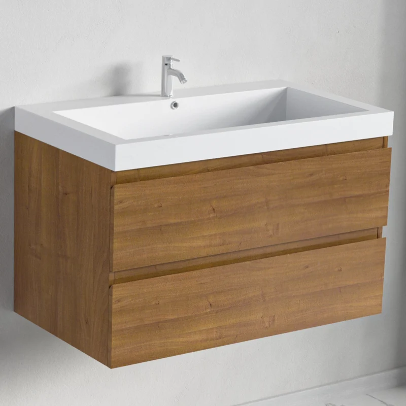 Badmeubelset AVALON 80 cm - Met Kolomkast - Warm Eiken - Wastafel Wit