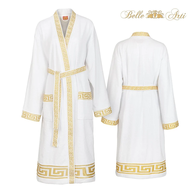 Luxus Bademantel Kimono Mäander in weiss gold für Damen & Herren - 100% Baumwolle