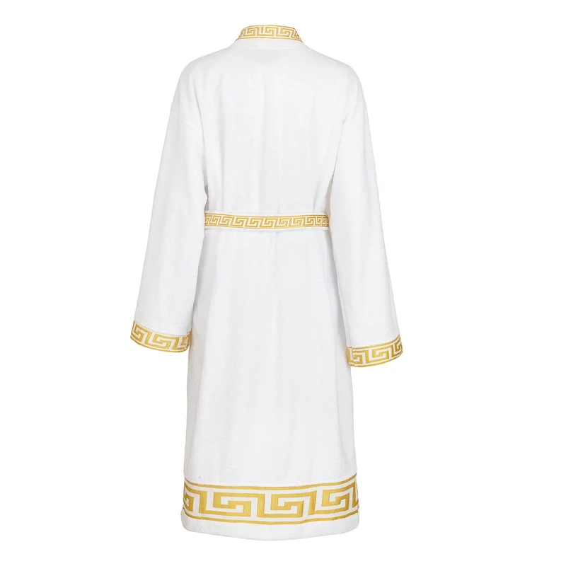 Luxus Bademantel Kimono Mäander in weiss gold für Damen & Herren - 100% Baumwolle