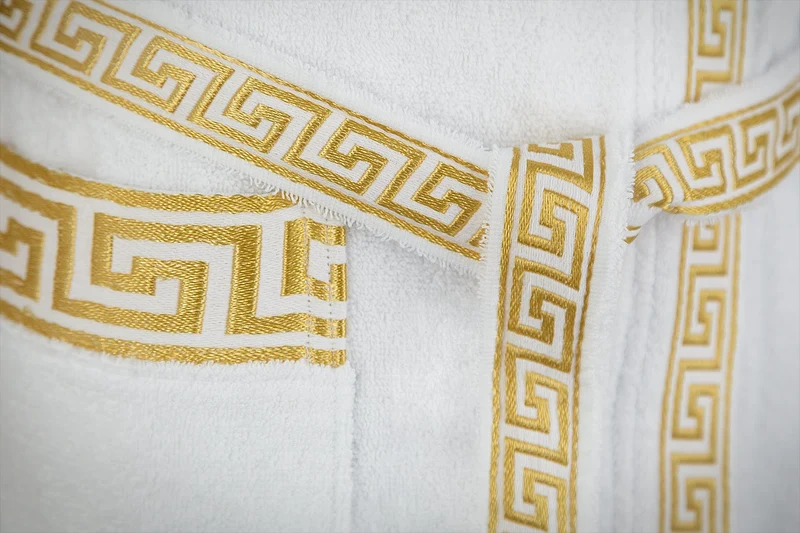 Luxus Bademantel Kimono Mäander in weiss gold für Damen & Herren - 100% Baumwolle