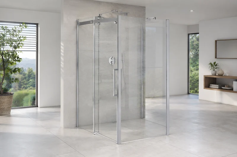 XXL Großraumdusche Schiebetür mit zwei Seitenwänden als U-Kabine, 8 mm ESG-Glas, EasyCare, 200 cm hoch