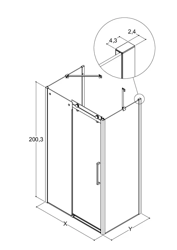 XXL Großraumdusche Schiebetür mit zwei Seitenwänden als U-Kabine, 8 mm ESG-Glas, EasyCare, 200 cm hoch