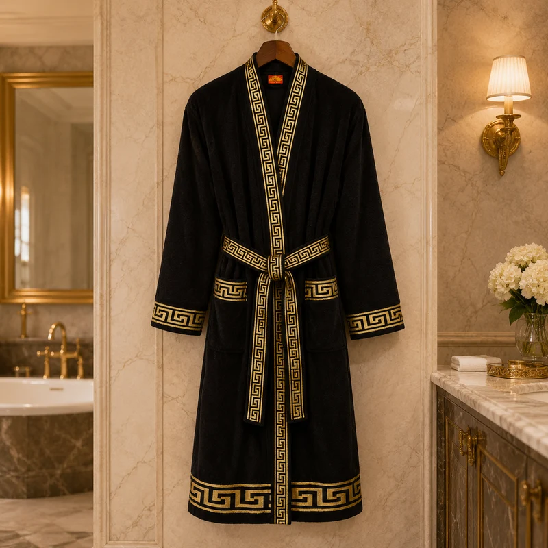 Luxus Bademantel Kimono Mäander in schwarz gold für Damen & Herren - 100% Baumwolle