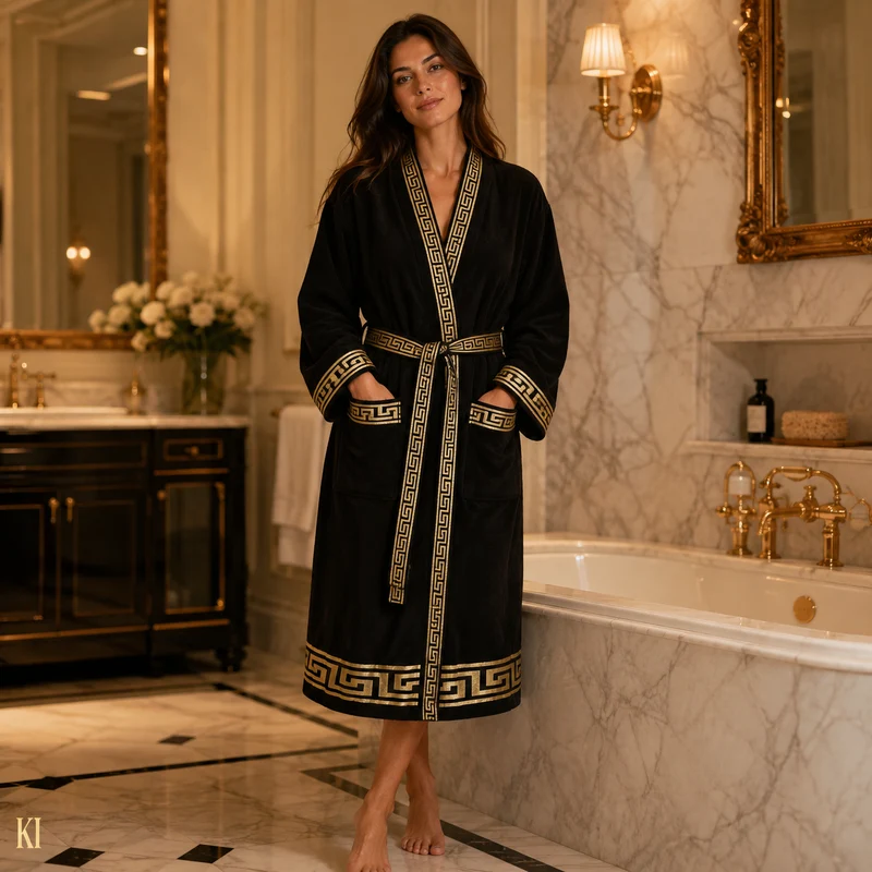 Luxus Bademantel Kimono Mäander in schwarz gold für Damen & Herren - 100% Baumwolle