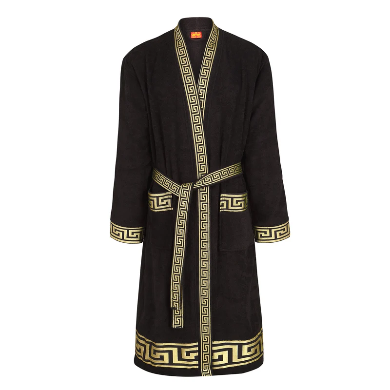 Luxus Bademantel Kimono Mäander in schwarz gold für Damen & Herren - 100% Baumwolle