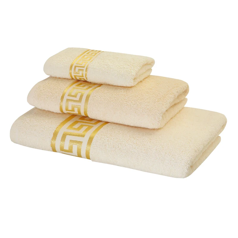 Premium Handtücher Mäander in beige gold - 100% Baumwolle Frottee - Stickerei