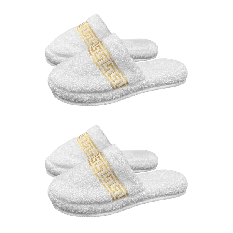 Hotelslipper mit Mäander Muster in weiss gold - 100% Baumwolle