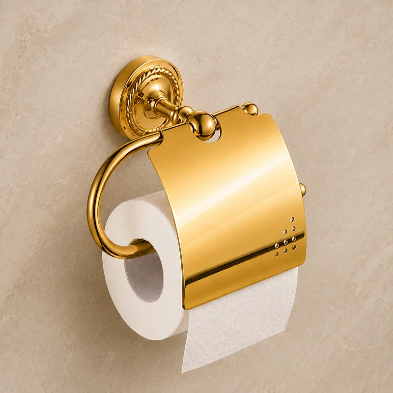 Toilettenpapierhalter mit Deckel aus Messing in Gold Optik Verona - zur Wandbefestigung - edel und rostfrei