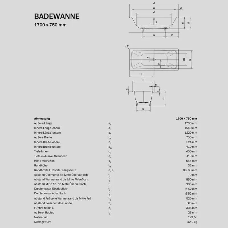 STUROTEC Sturopur Duo Rechteck-Badewanne 170 x 75 cm