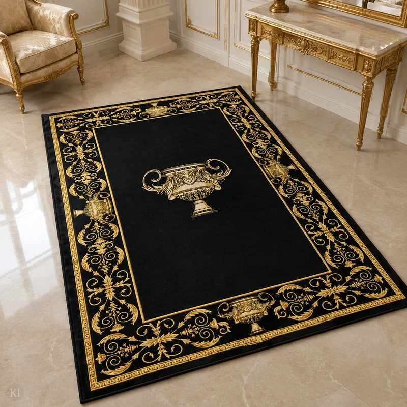 Exklusive Sherpa Decke mit Amphore Motiv in schwarz gold - 150 x 200 - warm & kuschelweich
