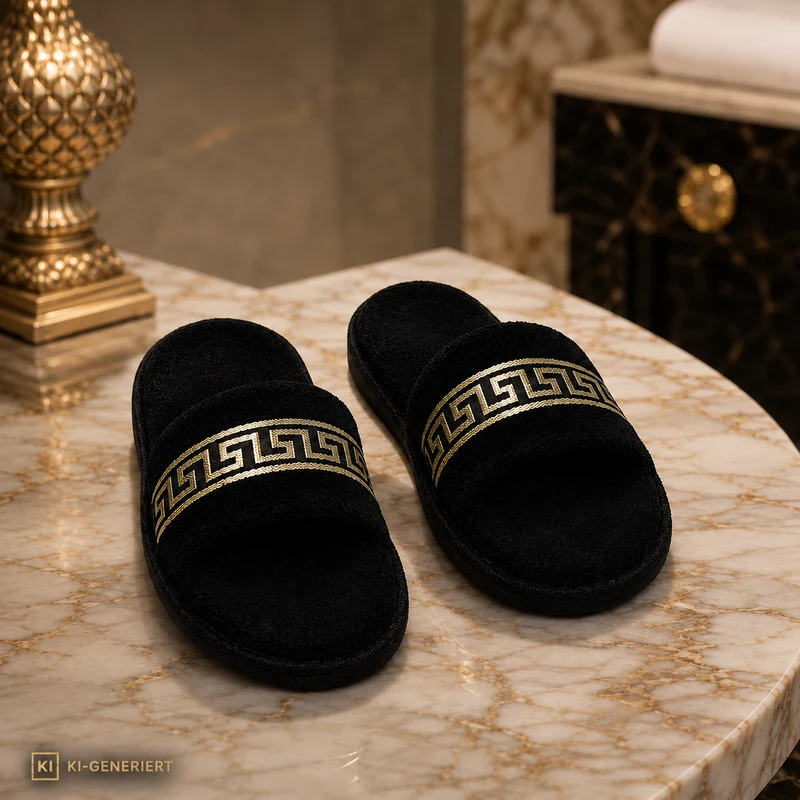 Exklusiver Hotelslipper schwarz gold Mäander Muster - Unisex - 100% Baumwolle