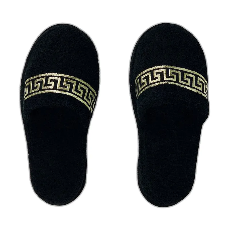 Exklusiver Hotelslipper schwarz gold Mäander Muster - Unisex - 100% Baumwolle