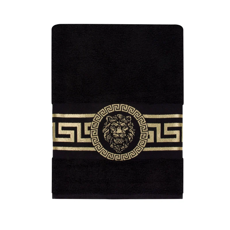 Handtücher mit Mäander Löwe Muster in Schwarz Gold eingestickt - 100% Baumwolle, saugstark, weich, edel
