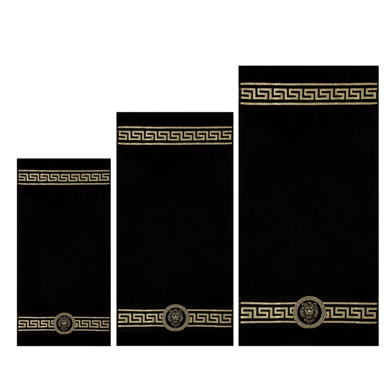 Handtücher mit Mäander Löwe Muster in Schwarz Gold eingestickt - 100% Baumwolle, saugstark, weich, edel