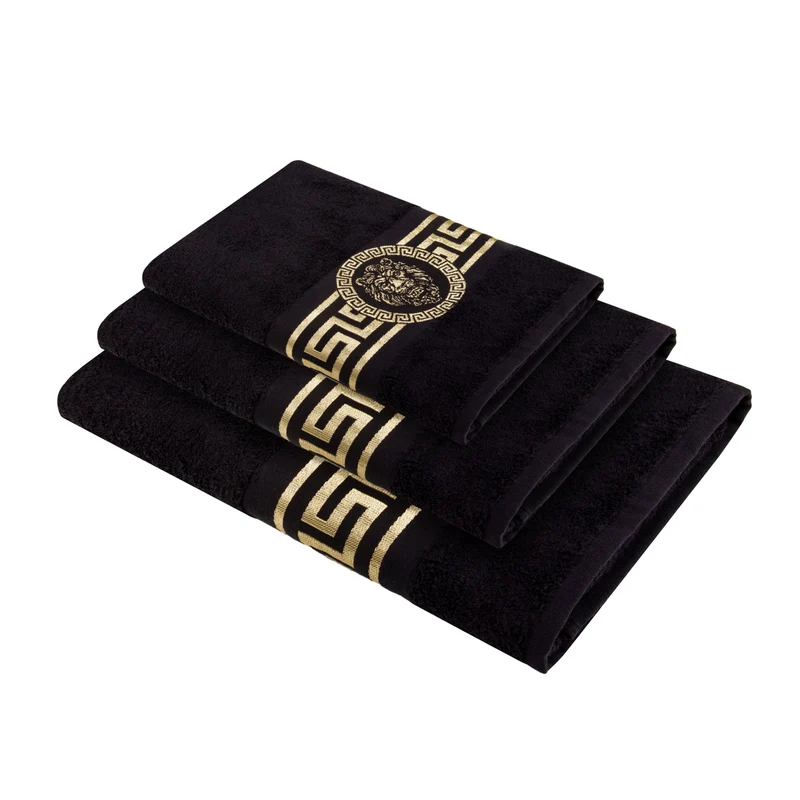 Handtücher mit Mäander Löwe Muster in Schwarz Gold eingestickt - 100% Baumwolle, saugstark, weich, edel