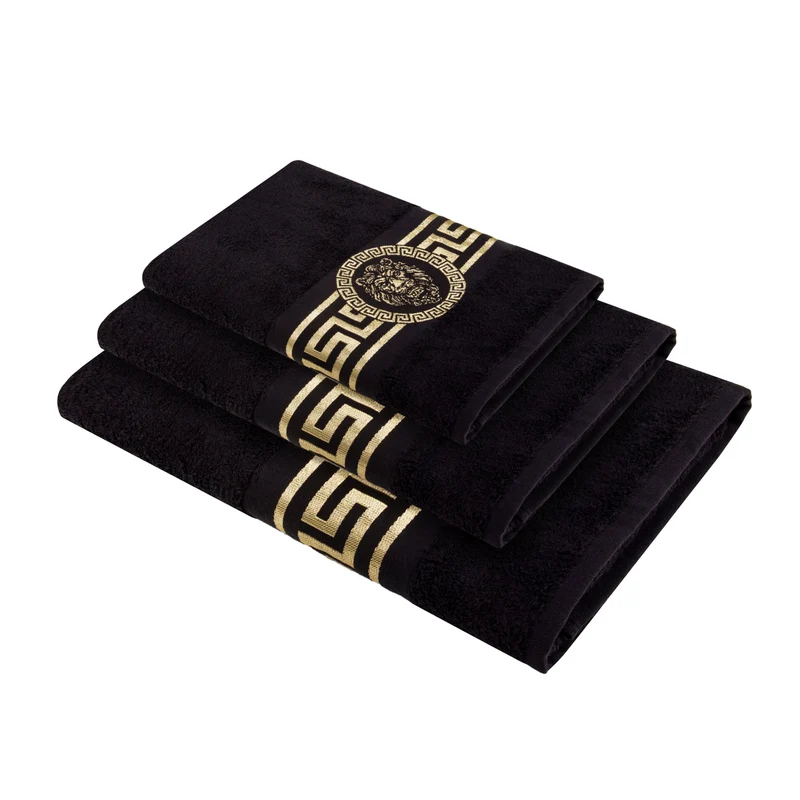 Handtücher mit Mäander Löwe Muster in Schwarz Gold eingestickt - 100% Baumwolle, saugstark, weich, edel