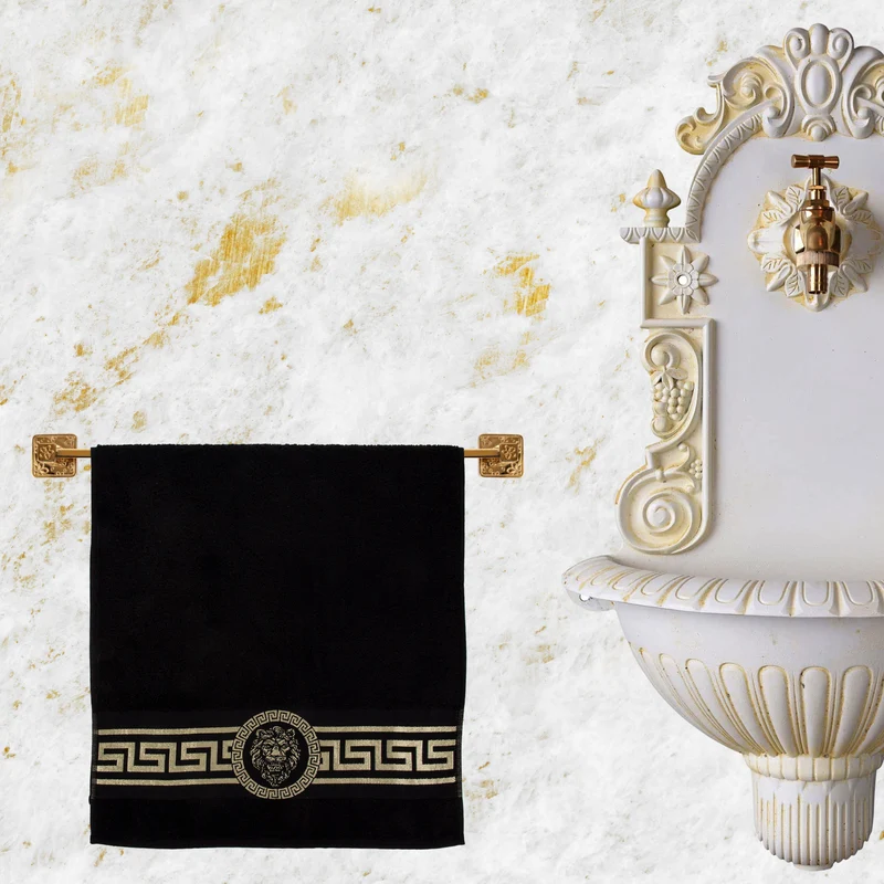 Handtücher mit Mäander Löwe Muster in Schwarz Gold eingestickt - 100% Baumwolle, saugstark, weich, edel