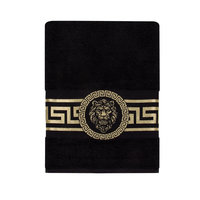 Handtücher mit Mäander Löwe Muster in Schwarz Gold eingestickt - 100% Baumwolle, saugstark, weich, edel