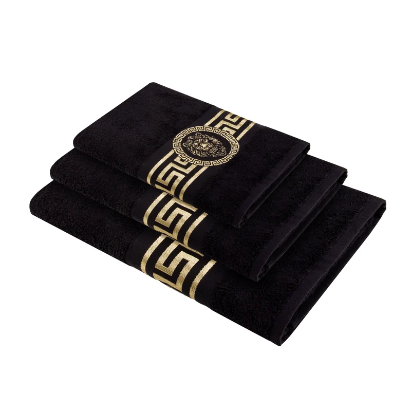 Handtücher mit Mäander Löwe Muster in Schwarz Gold eingestickt - 100% Baumwolle, saugstark, weich, edel