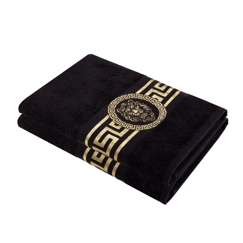 Handtücher mit Mäander Löwe Muster in Schwarz Gold eingestickt - 100% Baumwolle, saugstark, weich, edel
