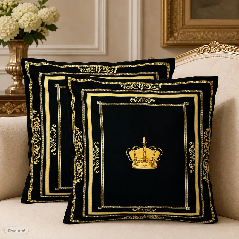 Dekorative Kissen mit Krone Motiv Seiden Look in schwarz gold mit Kissenbezug