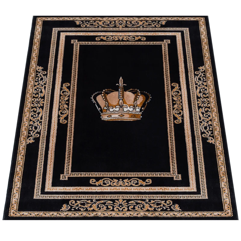Wohnzimmerteppich in Schwarz Gold mit edlem Kronenmotiv im Italienischen Design - rutschfest & langlebig