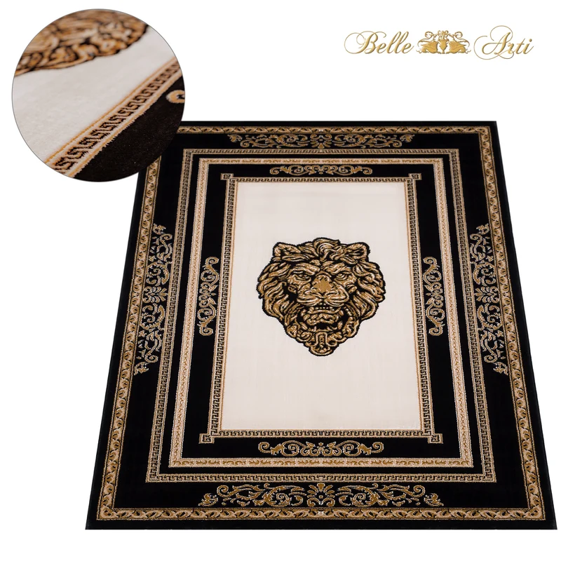 Teppich Wohnzimmer schwarz gold Löwenkopf - Italienisches Design - antiallergisch und schadstofffrei