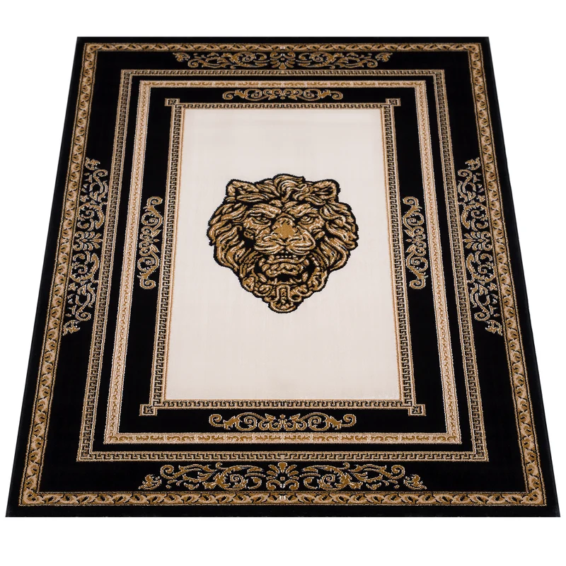 Teppich Wohnzimmer schwarz gold Löwenkopf - Italienisches Design - antiallergisch und schadstofffrei