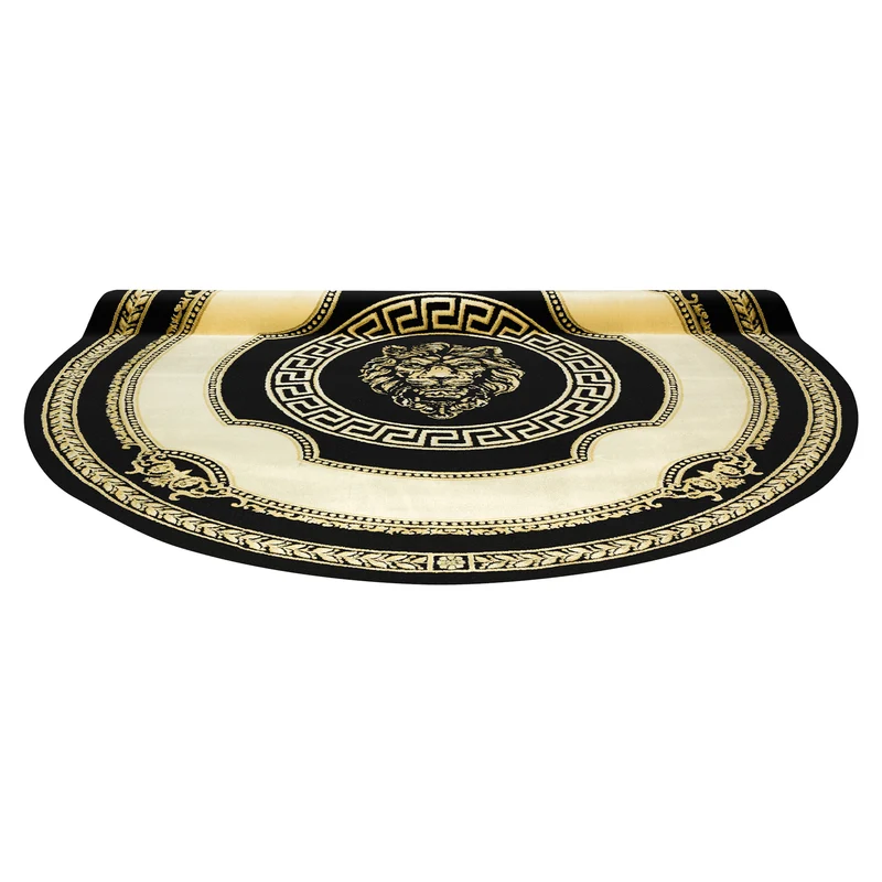 Runder Designer Teppich mit Löwe Mäander Muster in Schwarz Creme Gold