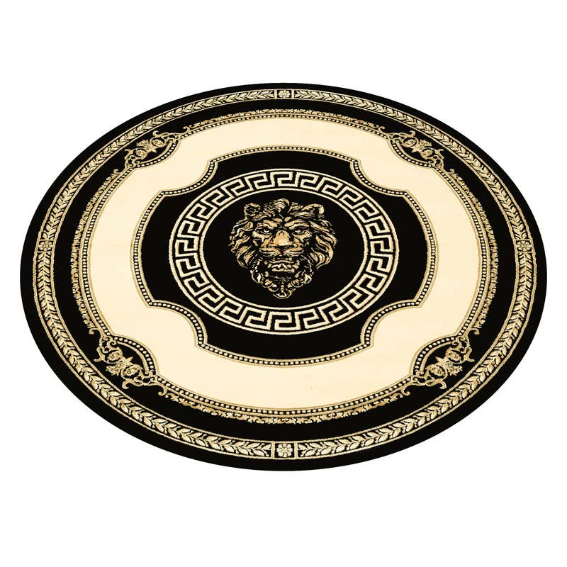 Runder Designer Teppich mit Löwe Mäander Muster in Schwarz Creme Gold