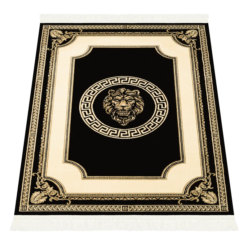 Premium Teppich Wohnzimmer Schlafzimmer mit Löwen Motiv in schwarz gold - kurzflor, weich, flauschig - 100% Viskose