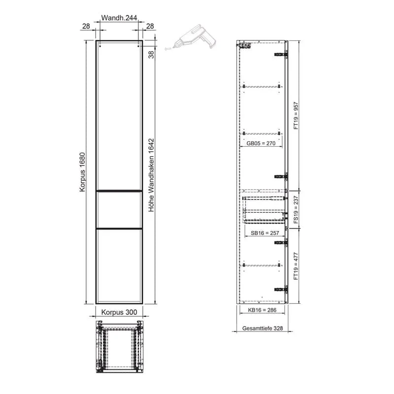 STEINKAMP Living 2.0 Hochschrank 30 x 168 cm mit 2 Drehtüren und 1 Auszug