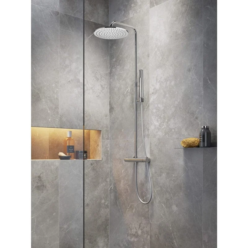 STEINKAMP Living Thermostat Duschsystem AP mit Kopfbrause Ø 30 cm und Stabhandbrause, Höhenverstellbar