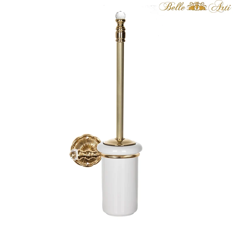 Toilettenbürste aus Messing Vintage gold kristallverziert mit Halter aus Keramik - Wandmontage