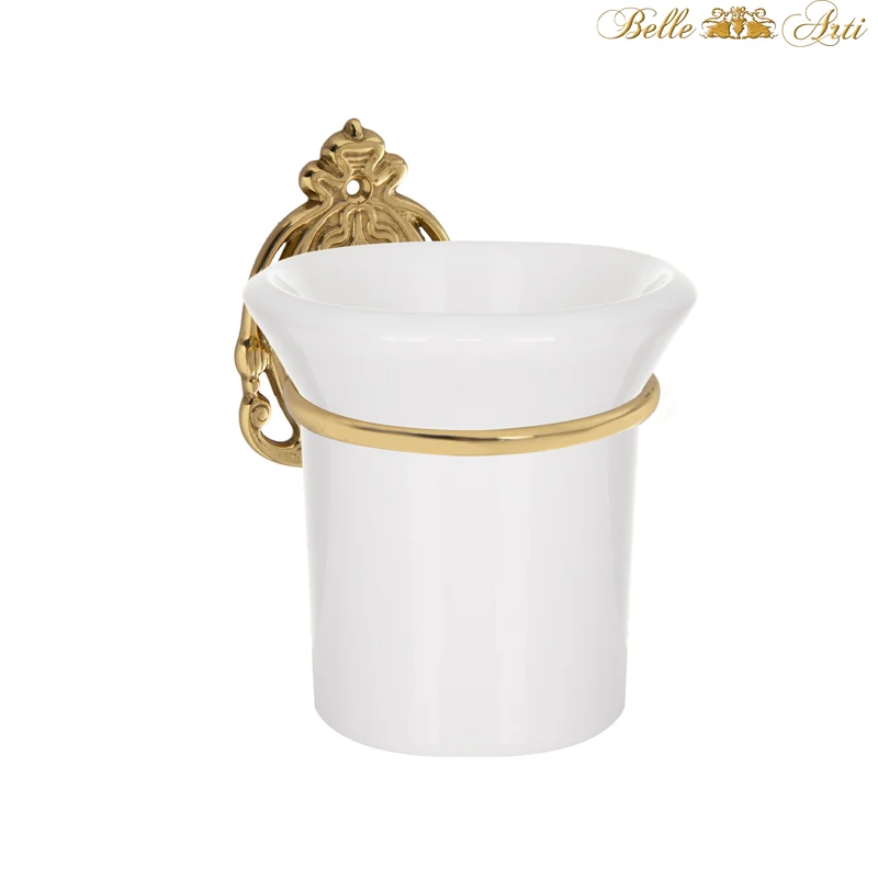 Luxus Zahnputzbecher mit Becherhalter aus Messing und Keramik in weiss gold Vintage Style - rostfrei