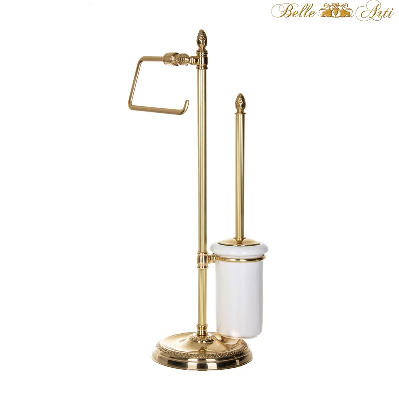 Luxus Toilettenbürste mit Toilettenpapierhalter Antik aus Messing und Keramik - stehend - gold poliert & rostfrei