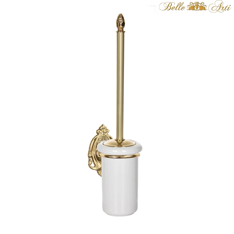 Toilettenbürste WC Bürste aus Messing in Antik Retro Look gold poliert mit Halterund aus Keramik - Wandmontage