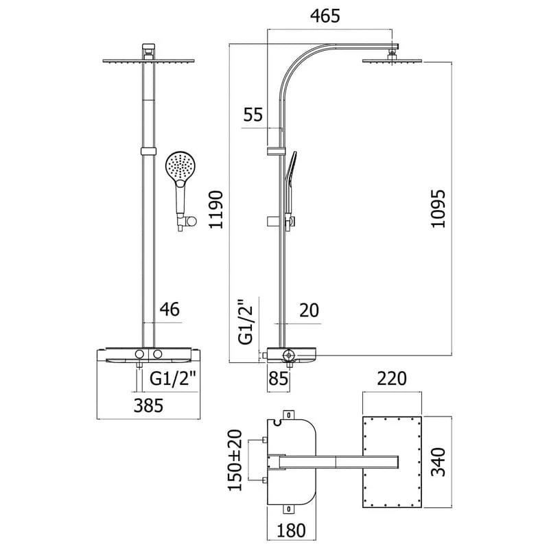 KRONENBACH Duschsystem Aufputz mit Smart Push Thermostat und Glasablage