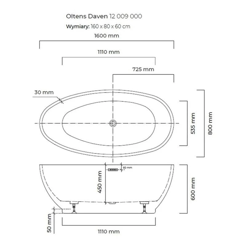 OLTENS Daven freistehende Badewanne oval 160 x 80 cm