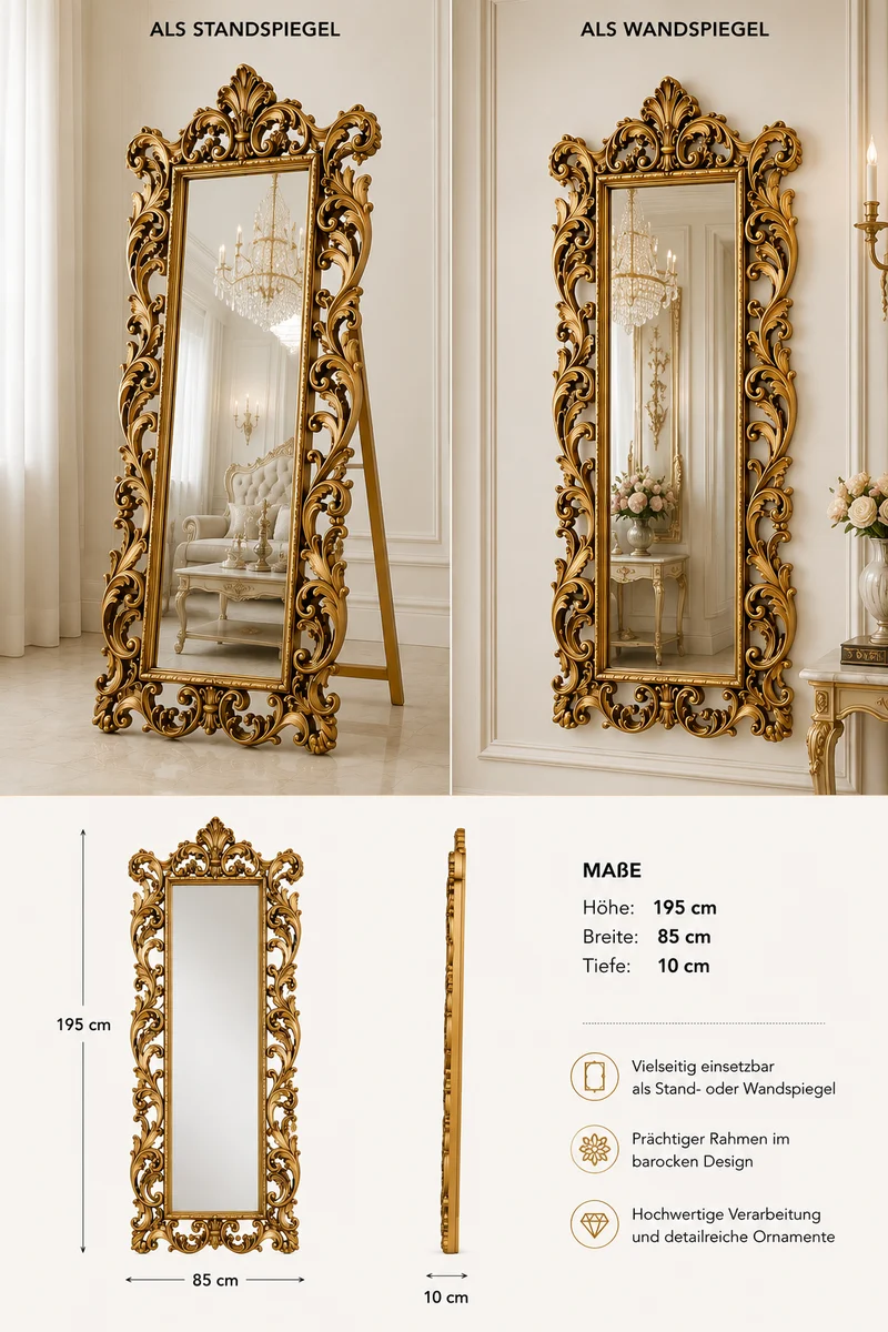 Exklusiver Stand- Wandspiegel im Antik/Barock-Stil gold 195 x 85 cm