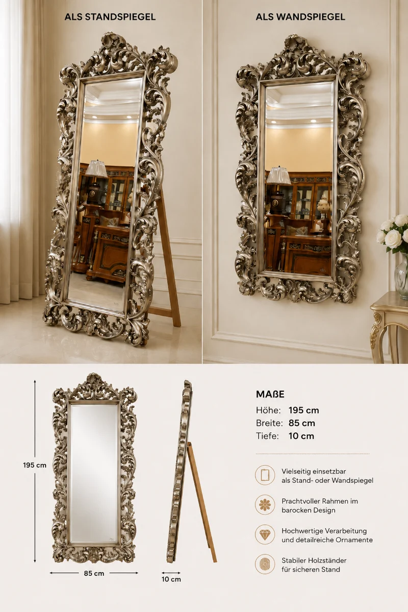 Exklusiver Stand- , Wandspiegel im Antik/Barock-Stil silber 195 x 85 cm