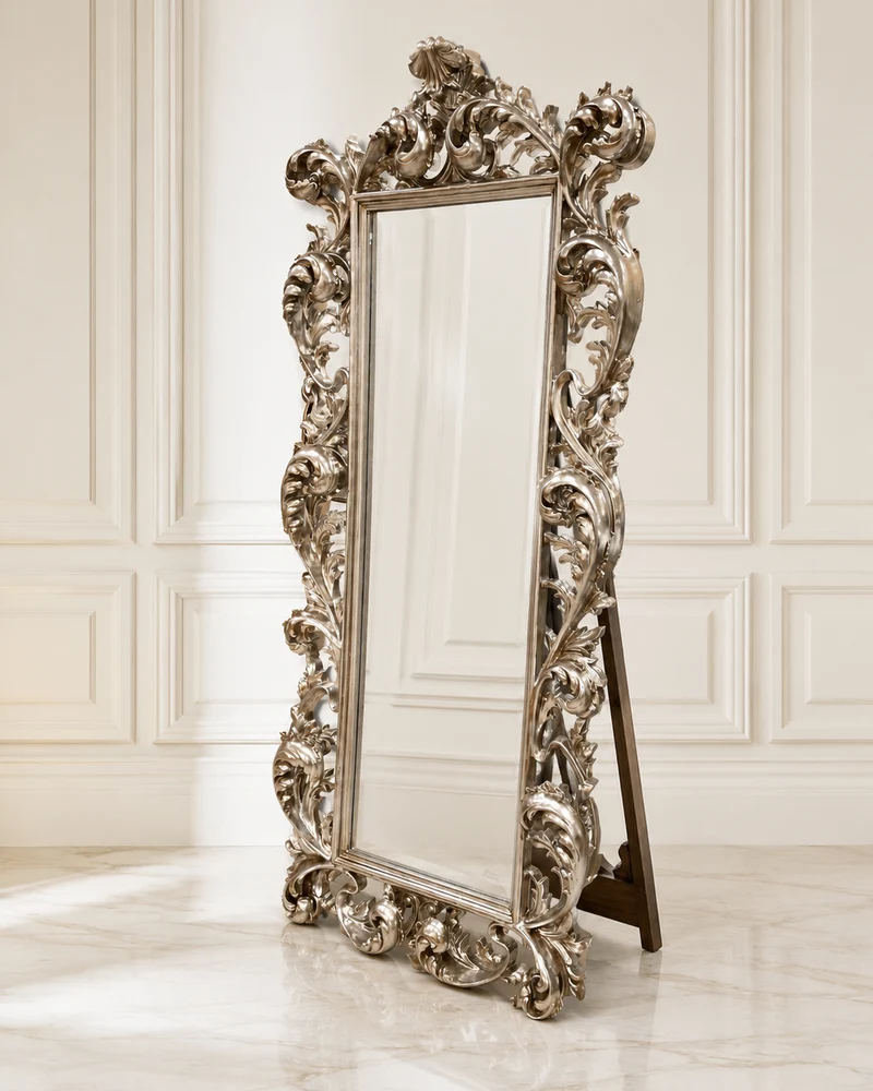 Exklusiver Stand- , Wandspiegel im Antik/Barock-Stil silber 195 x 85 cm