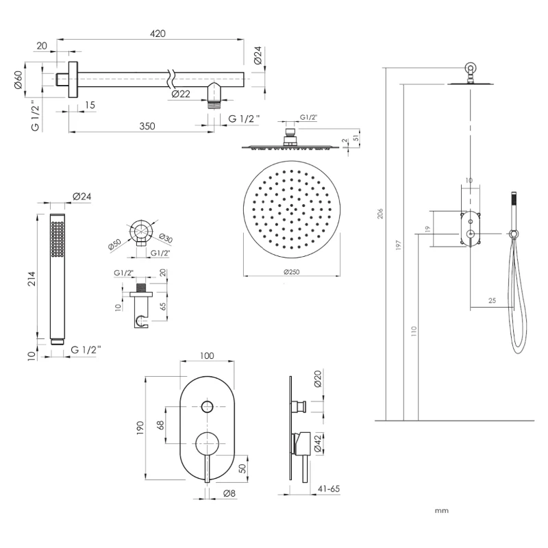 Set Duschsystem eingebaut LOOP in 6 Farben