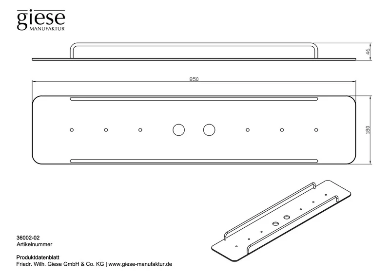 Giese Flatbord Ablage, Länge 850 mm, Massivmessing, Chrom oder Schwarz matt, Art.Nr. 36002