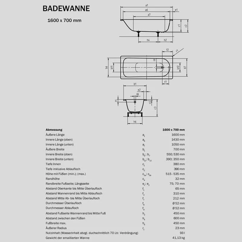 STUROTEC Sturoform Rechteck-Badewanne 160 x 70 cm