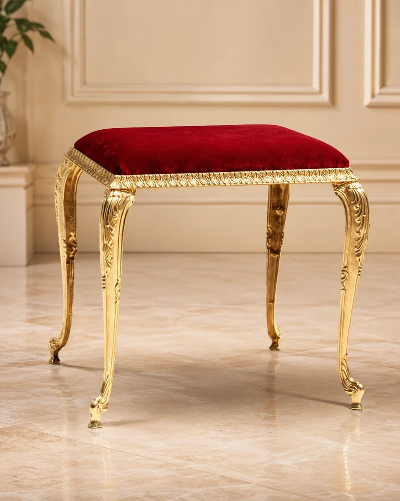 Luxus Messing Hocker Sitzhocker in Barock Design mit Metallbeinen in Gold - gepolstert Samtstoff Velours - bordeaux rot