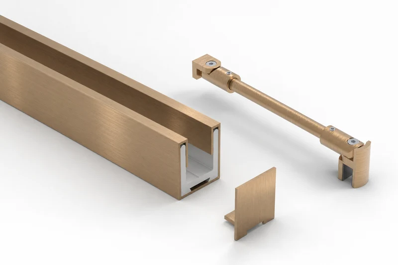 Komplett-Set Bronze matt gebürstet für feststehende Glasdusche, Stabilisierungsstange rund Ø 12 mm und U-Profil mit Edelstahlmantel, für 8 mm Glas, Art.Nr. SET-1212-BEL-GBZ