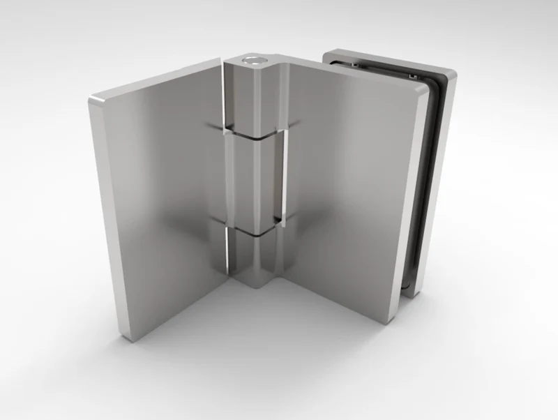 COMO Anschlagband 180° Glas-Wand – Messing massiv, 8/10 mm ESG, verdeckte Verschraubung, eckiges Design, Art.Nr. COM054